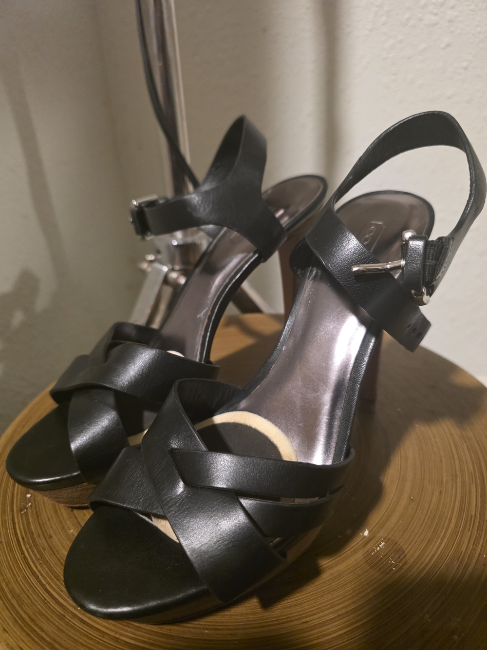 Coach Black Leather Crisscross Slingback Heels